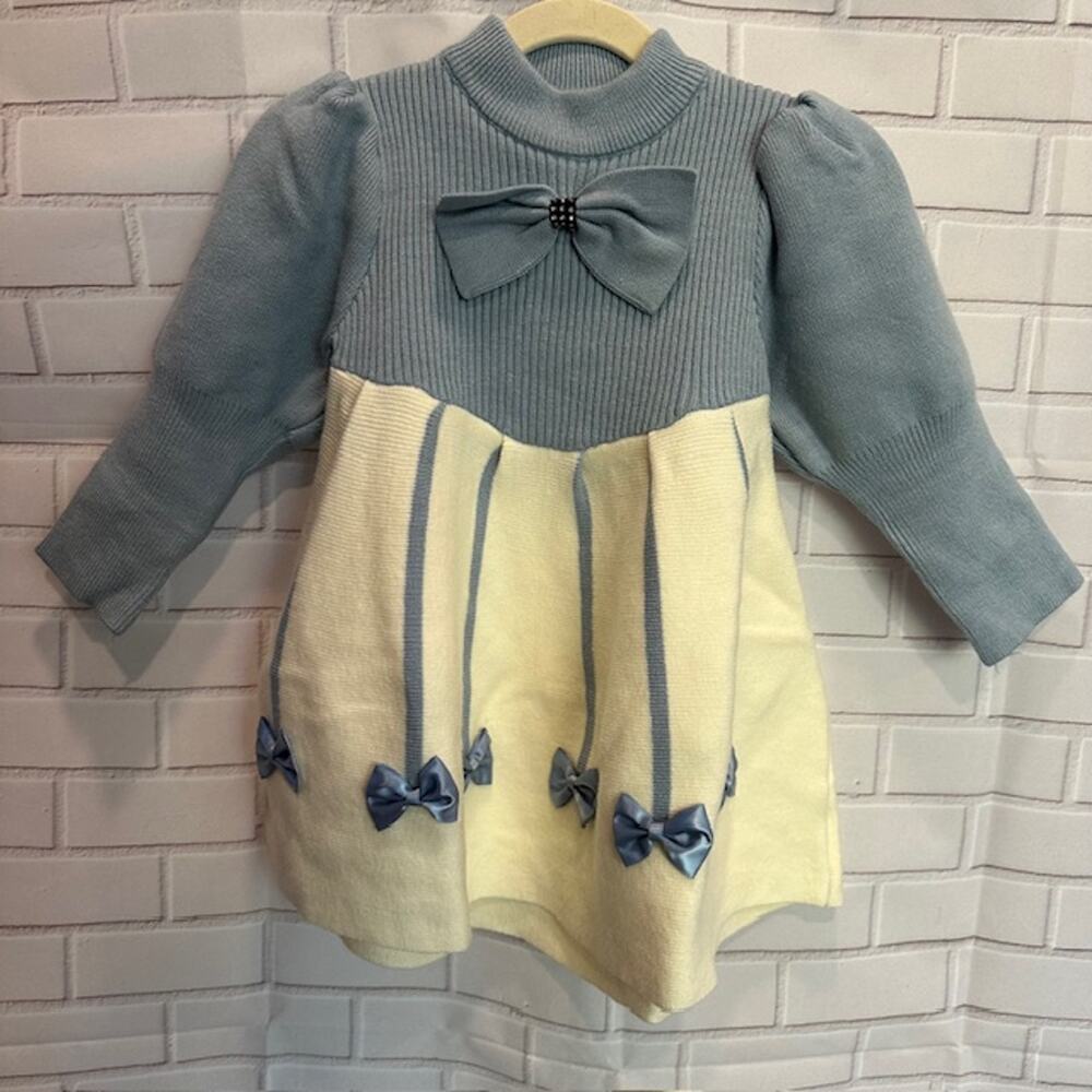 Toddler Girl Size 80 US 12-18 Months Blue White Winter Fall Cozy Warm Dress Bow